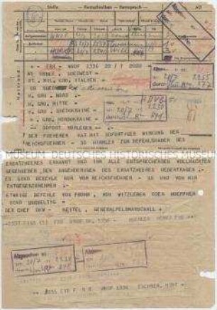 Telegramm vom Chef des Oberkommandos der Wehrmacht Keitel an die Heeresgruppenkommandos zur Ernennung Himmlers zum Befehlshaber des Ersatzheeres nach dem Attentat auf Hitler 1944 - Sachkonvolut