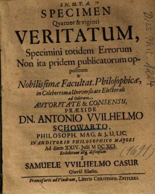 Specimen Qvatuor [Quatuor] & viginti Veritatum