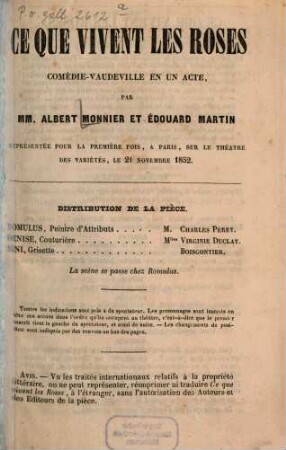 Ce que vivent les roses : Comédie-vaudeville en un acte. Par MM. Albert Monnier et Édouard Martin