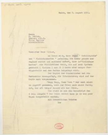 Brief an Bernhard Sekles : 07.08.1931