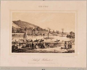 Schloss Pillnitz bei Dresden von Nordwesten über die Elbe mit Dampfschiffe, Gondeln und Segelboot gesehen