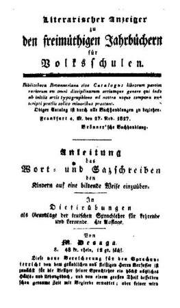Literarischer Anzeiger zu den freimüthigen Jahrbüchern für Volksschulen