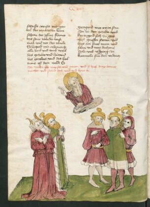 Federzeichnung, koloriert: Gott weiht Moses und Aaron