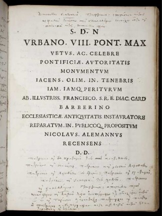 S. D. N Urbano. VIII. Pont. Max Vetus. Ac. Celebre Pontificiæ. Autoritatis Monumentum [...]