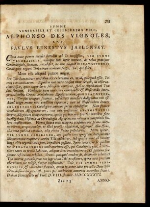 Summe Venerabili Et Celeberrimo Viro, Alphonso Des Vignoles, ... Paulus Ernestus Jablonsky