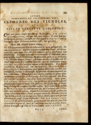 Summe Venerabili Et Celeberrimo Viro, Alphonso Des Vignoles, ... Paulus Ernestus Jablonsky