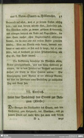 VII. Versuch. Ueber das Verhältniß des Staats zur Religion (Kirche)