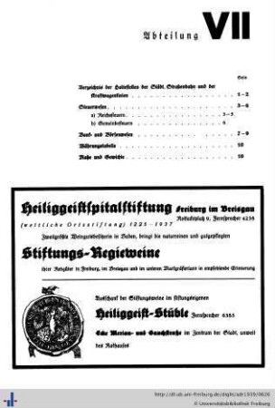 Abteilung VII. Verzeichnis der Haltestellen der städt. Straßenbahn und der Kraftwagenlinien mit Übersichtsplan, Verkehrswesen, Steuerwesen, Bank- und Börsenwesen, Auszug aus der Maß- und Gewichtsordnung.