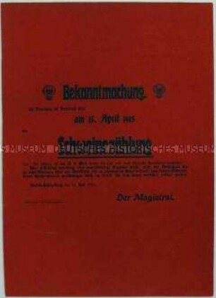 Bekanntmachung des Magistrats von Berlin über eine Schweinezählung am 15. April 1915