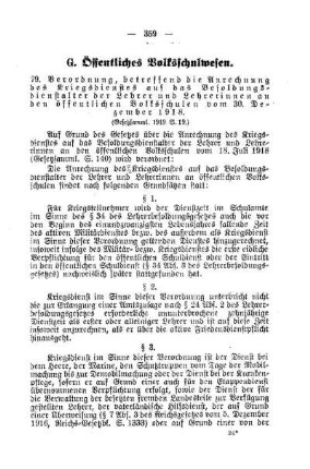 Verordnung, betreffend die Anrechnung des Kriegsdienstes auf das Besoldungsdienstalter der Lehrer und Lehrerinnen an den öffentlichen Volksschulen vom 30. Dezember 1918 : [G. Öffentliches Volksschulwesen]