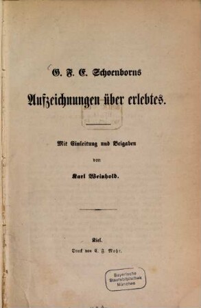 G. F. E. Schoenborns Aufzeichnungen über erlobtes