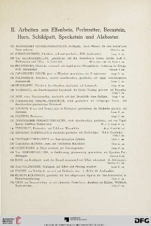II. Arbeiten aus Elfenbein, Perlmutter, Bernstein, Horn, Schildpatt, Speckstein und Alabaster (Nr. 123-152)