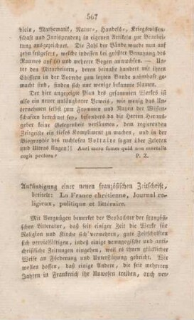 567-572 Ankündigung einer neuen französischen Zeitschrift, betitelt: 'La France chrétienne, Journal religieux, politique et littéraire'