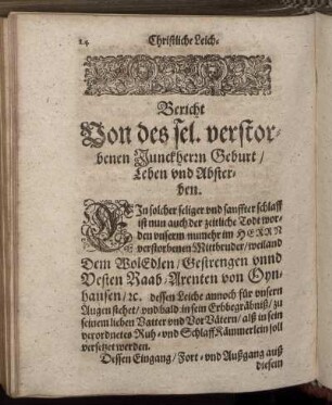 Bericht Von des sel. verstorbenen Junckherrn Geburt, Leben und Absterben