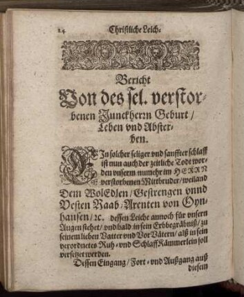 Bericht Von des sel. verstorbenen Junckherrn Geburt, Leben und Absterben