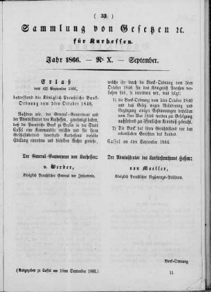 Sammlung von Gesetzen cc. für Kurhessen, Jahr 1866, Nr. X, September