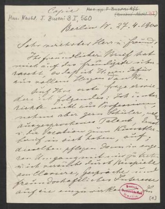 Brief an Wilhelm Gericke : 27.04.1900