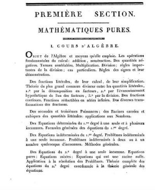 Première Section. Mathématiques Pures.
