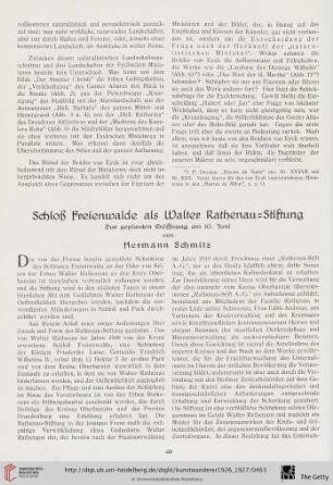 8/9: Schloß Freienwalde als Walter Rathenau-Stiftung : Zur geplanten Eröffnung am 10. Juni