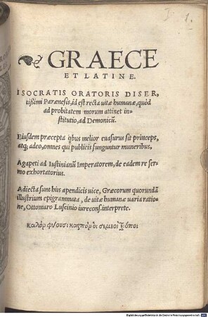 Graece et latine ... Isocratis ... Paraenesis ad Demonicum