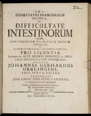 Dissertatio Inauguralis Medica. De Difficultate Intestinorum