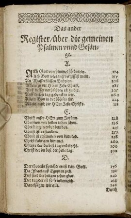 Das ander Register/ über die gemeinen Psalmen unnd Gesänge.