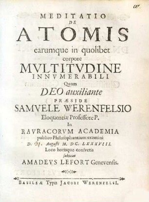 Meditatio De Atomis earumque in quolibet corpore multitudine innumerabili