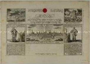 Faltbrief mit 9 Text/Bildfeldern zum 200. Jahrestag der Augsburger Konfession (1. Vorderseite oben)