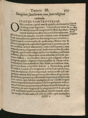Thesis III. Imagines sanctorum non sunt religiosè colenda.