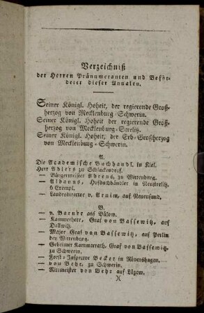 Verzeichniß der Herren Pränumeranten und Beförderer dieser Annalen