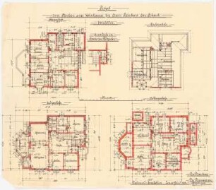 Wohnhaus J. Schaub, Emsdetten: Grundrisse Obergeschoss, Dachgeschoss, Erdgeschoss und Keller 1:100