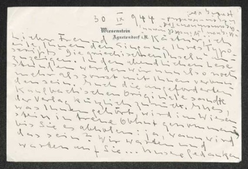 Brief von Margarete Hauptmann an Erhart Kästner