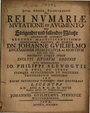 De Rei Numariae Mutatione Et Augmento : = Von Steigender und fallender Müntze