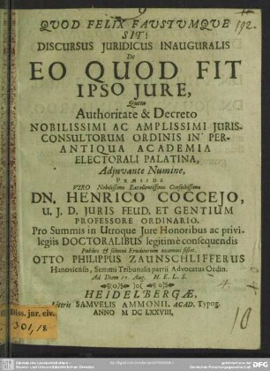 Discursus juridicus inauguralis: De eo, quod fit ipso jure