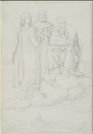 Raffael, Fra Angelico und Michelangelo auf einer Wolke über Rom