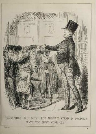 "Now then, old boys! You mustn't stand in people's way! You must move on!"