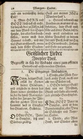 Geistliche Lieder Zweyter Theil. Begreifft in sich die Andacht eines zum offenen Gottesdienst erscheinenden Christen.