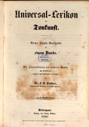 Universal-Lexikon der Tonkunst : neue Hand-Ausgabe in einem Bande ; mit Zugrundlegung des größeren Werkes