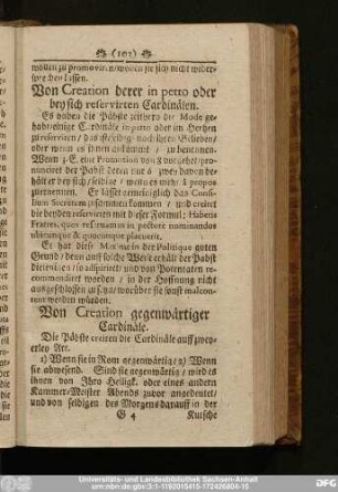 Von Creation derer in petto oder bey sich reservirten Cardinälen.