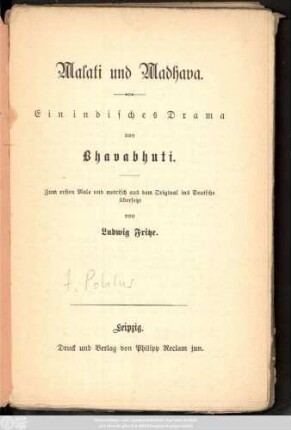 Malati und Madhava : ein indisches Drama