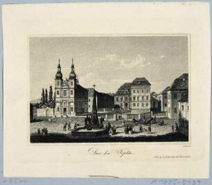Der Rathausplatz in Dux (heute Duchcov in Tschechien) bei Teplitz (heute Teplice) in Böhmen, Blick auf die Pestsäule und die Stadtkirche (Mariaheimsuchung, Mariaschein)