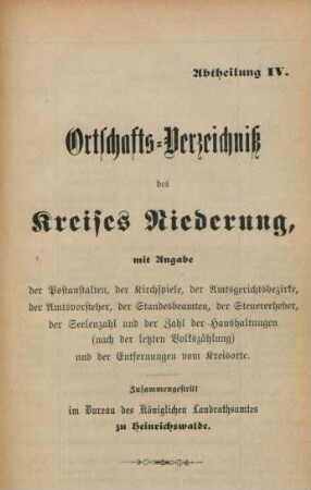 Abtheilung IV. Ortschafts-Verzeichniß des Kreises Niederung, ...
