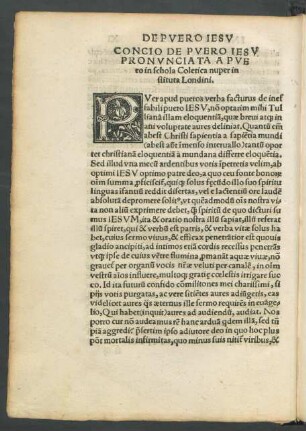 Concio De Puero Iesu Pronunciata A Puero in schola Coletica nuper instituta Londini.