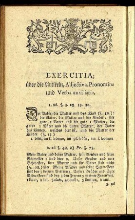 Exercitia, über die Artikeln, Adjectiva, Pronomina und Verba auxiliaria.