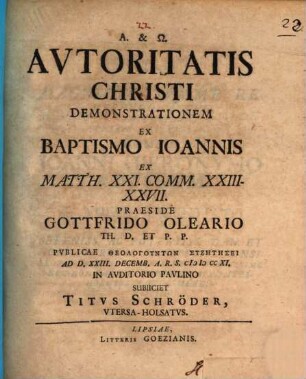 Autoritatis Christi demonstrationem ex baptismo Ioannis, ex Matth. 21, 23 - 27