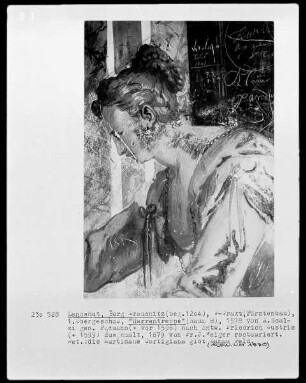 Weibliche Figur aus der Commedia dell'Arte mit einem Diener