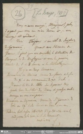 Eigenh. Brief von Guillaume Favre an August Wilhelm von Schlegel, La Grange, 1815