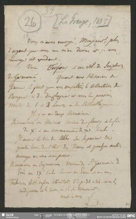 Eigenh. Brief von Guillaume Favre an August Wilhelm von Schlegel, La Grange, 1815