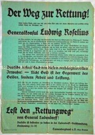 Politisches Werbeplakat des Tannenbergbundes e. V. , Gau Bremen, für die Schrift von Erich Ludendorff "Rettungsweg"