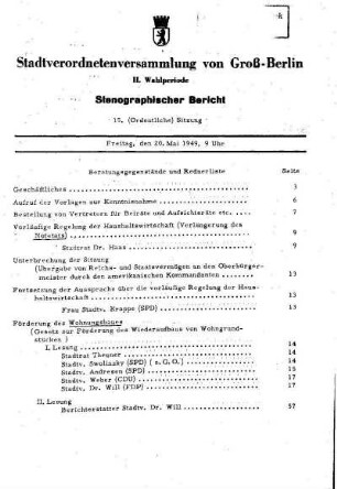 Nr. 15, 20. Mai 1949, Ordentliche Sitzung